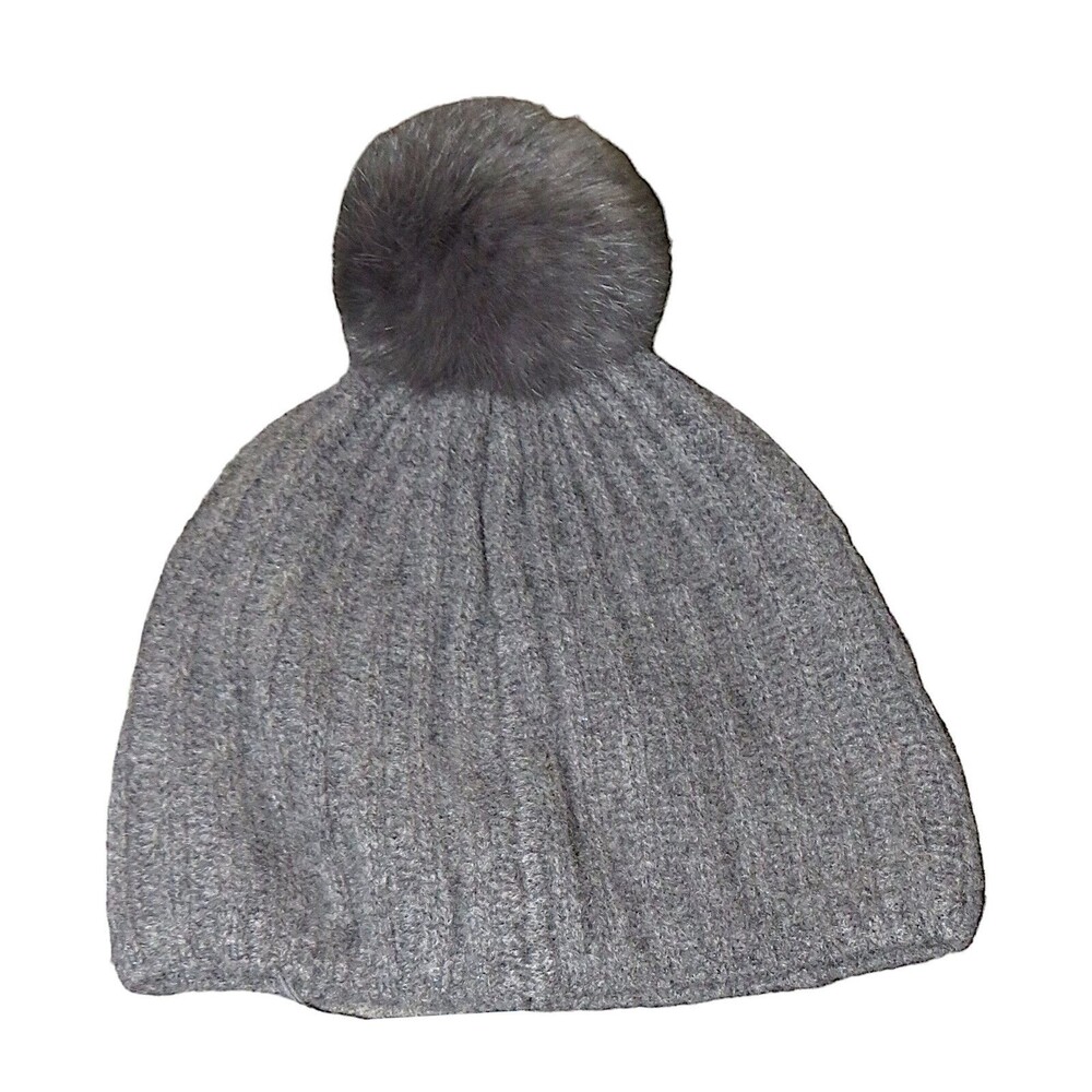Restoration Hardware Gray Fur Trimmed Cashmere Cozy Pom Pom Beanie Hat NEW